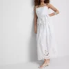 Top com alças finas e bainha peplum bordada em algodão