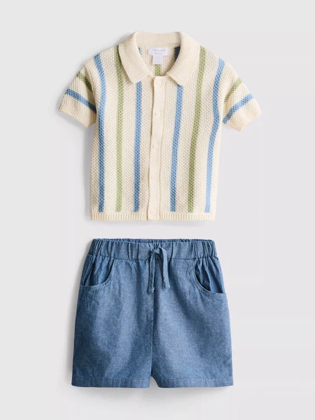 0-12 meses | Conjunto de camisa de malha às riscas e calções