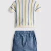 0-12 meses | Conjunto de camisa de malha às riscas e calções