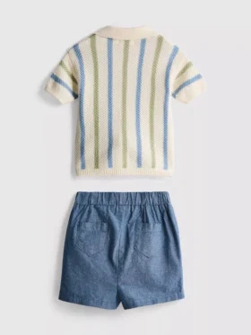 0-12 meses | Conjunto de camisa de malha às riscas e calções