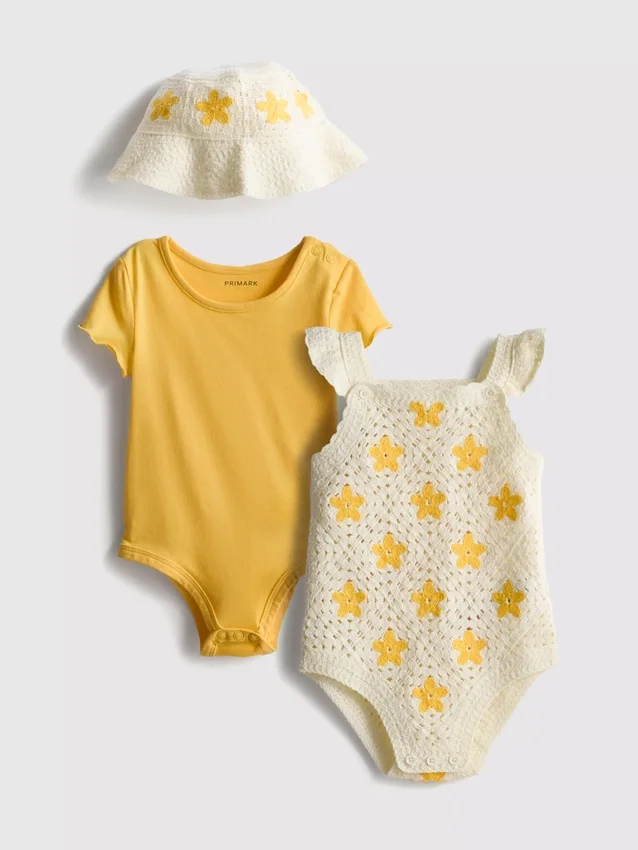 0-18 meses | Conjunto para recém-nascido com 2 bodys e chapéu de sol