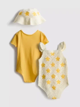 0-18 meses | Conjunto para recém-nascido com 2 bodys e chapéu de sol