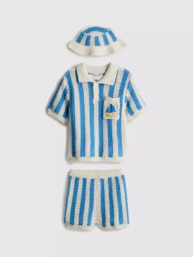 0-18 meses | Conjunto para recém-nascidos com polo às riscas, calções e chapéu