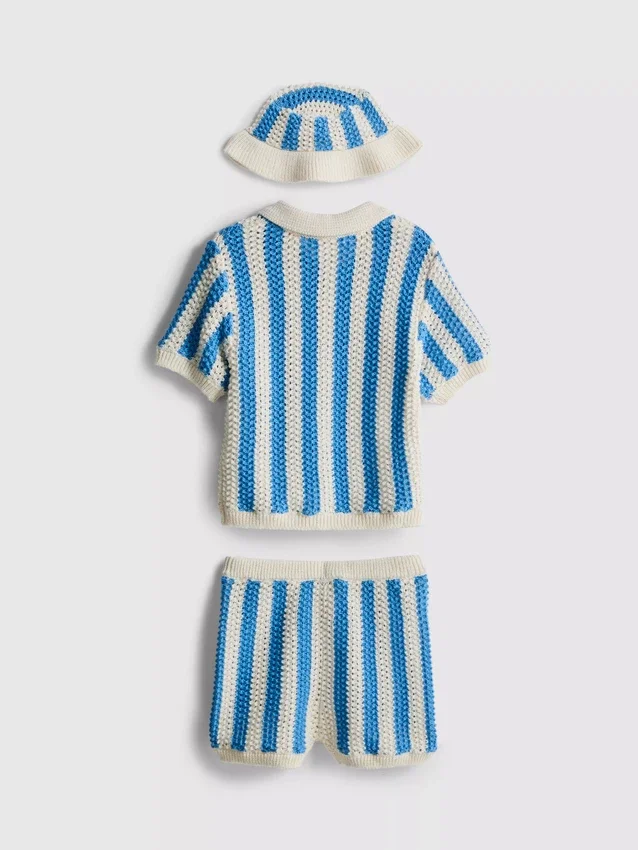 0-18 meses | Conjunto para recém-nascidos com polo às riscas, calções e chapéu