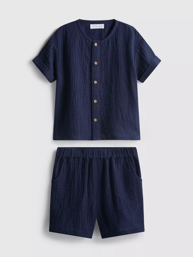 0-24 meses | Conjunto de camisa e calções em tecido de gaze