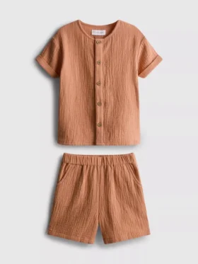 0-24 meses | Conjunto de camisa e calções em tecido de gaze