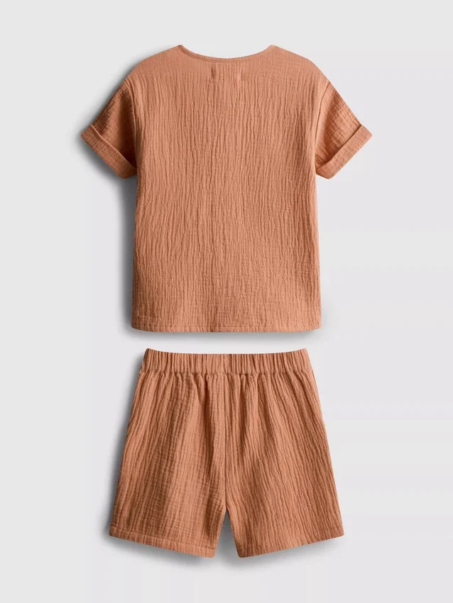 0-24 meses | Conjunto de camisa e calções em tecido de gaze