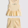 0-36 meses | Conjunto composto por blusa com bainha peplum bordada com motivos florais e calções