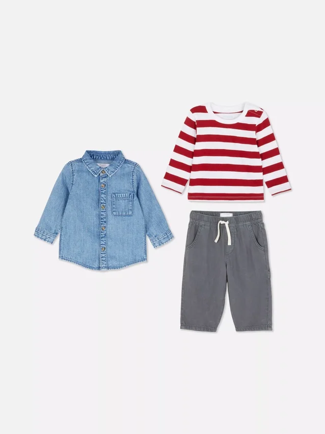 0-36 meses | Conjunto composto por t-shirt de manga comprida, calças e camisa de ganga