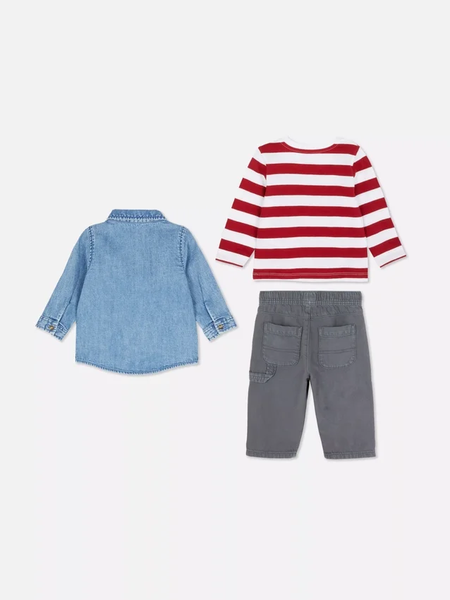 0-36 meses | Conjunto composto por t-shirt de manga comprida, calças e camisa de ganga