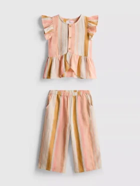 0-36 meses | Conjunto de blusa com folhos às riscas e calças