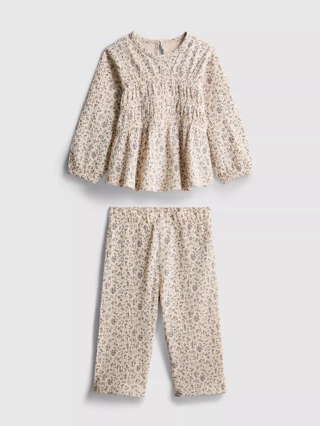 0-36 meses | Conjunto de camisola de manga comprida e calças com efeito enrugado e padrão floral