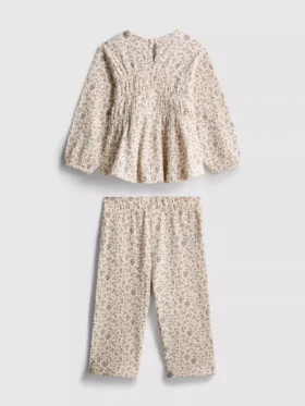 0-36 meses | Conjunto de camisola de manga comprida e calças com efeito enrugado e padrão floral