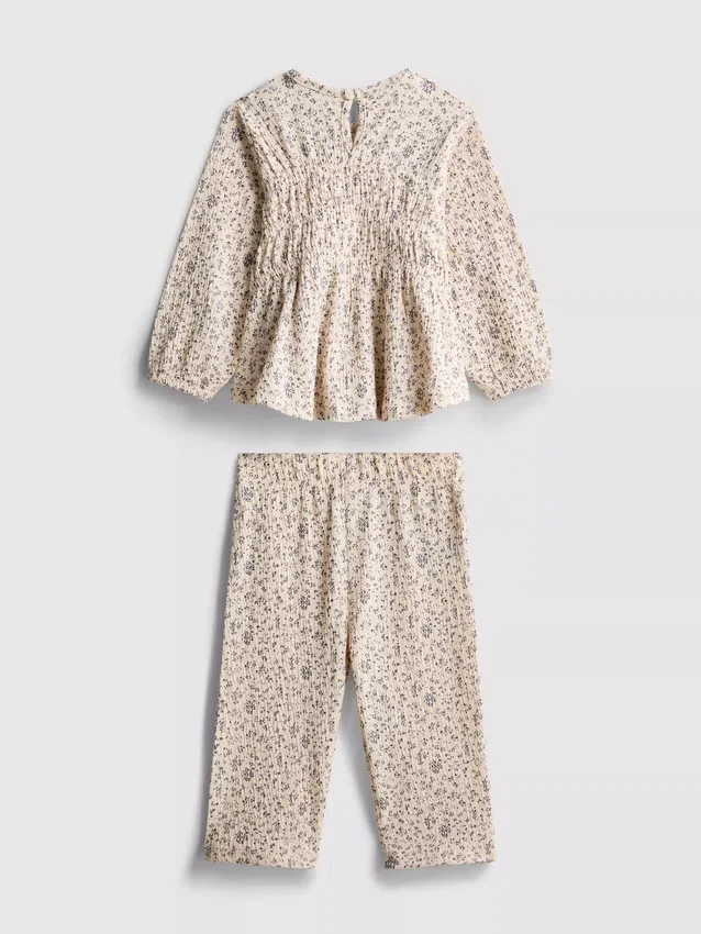 0-36 meses | Conjunto de camisola de manga comprida e calças com efeito enrugado e padrão floral
