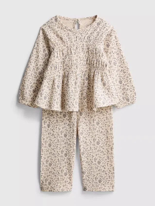 0-36 meses | Conjunto de camisola de manga comprida e calças com efeito enrugado e padrão floral