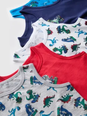 1,5-10 anos | Conjunto de 5 camisolas sem mangas com motivos de dinossauros