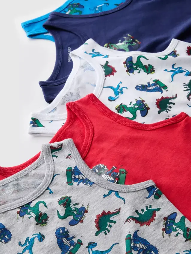 1,5-10 anos | Conjunto de 5 camisolas sem mangas com motivos de dinossauros