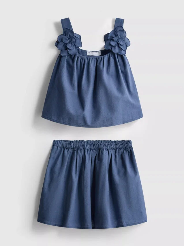 1,5-12 anos | Conjunto da The Edit composto por blusa e saia com apliques florais em mistura de linho
