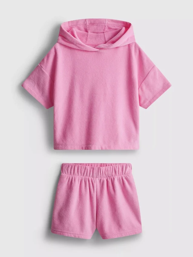 1,5-7 anos | Conjunto de camisola com capuz e calções de banho em tecido de toalha