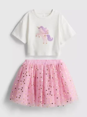 1,5-8 anos | Conjunto de t-shirt com estampado de unicórnio e saia tutu