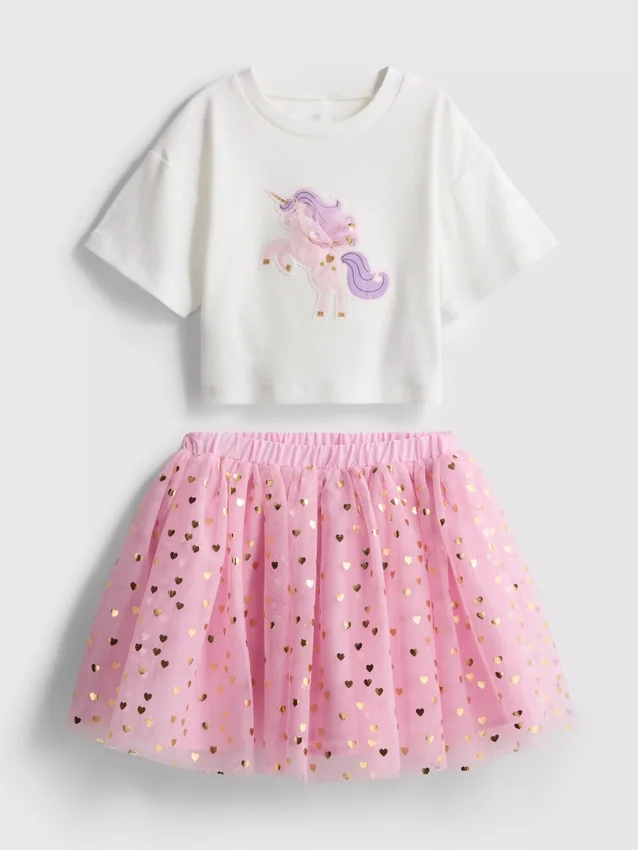 1,5-8 anos | Conjunto de t-shirt com estampado de unicórnio e saia tutu