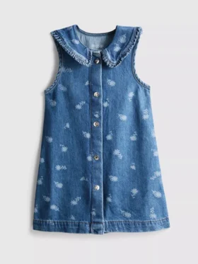 1,5-8 anos | vestido de ganga sem mangas com gola e padrão floral