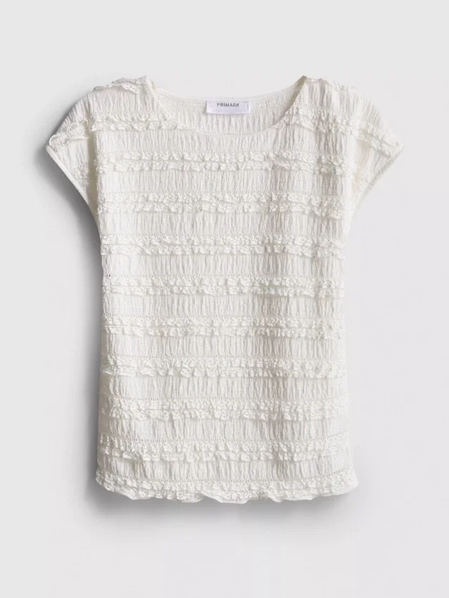 7-15 anos | blusa com mangas curtas franzidas e acabamento em renda