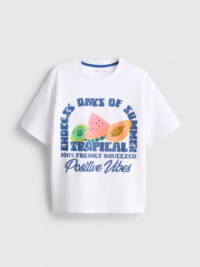 7-15 anos | Camisa com padrão de frutas e textura