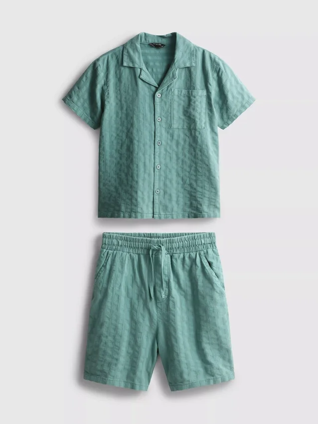 7-15 anos | Conjunto de camisa de manga curta com botões e calções em tecido texturado