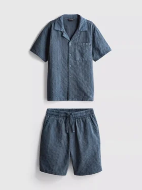 7-15 anos | Conjunto de camisa de manga curta com botões e calções em tecido texturado