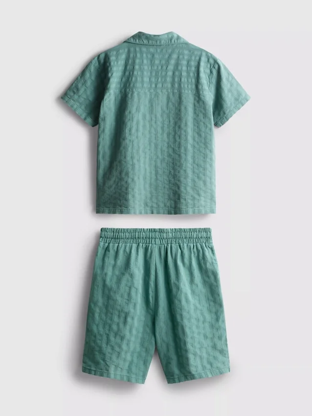 7-15 anos | Conjunto de camisa de manga curta com botões e calções em tecido texturado