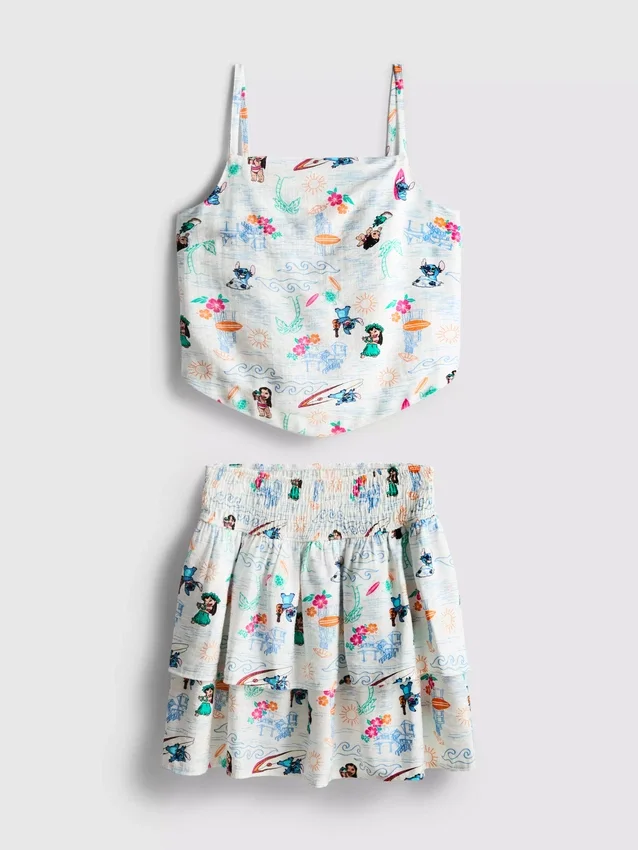 7-15 anos | Conjunto de top do Stitch da Disney e saia Rara