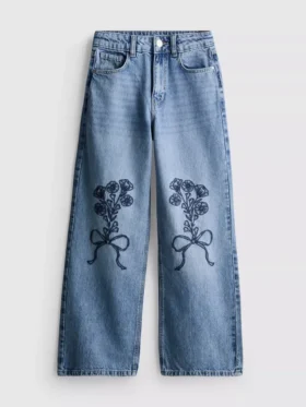 7-15 anos | Jeans de perna larga com laço floral bordado