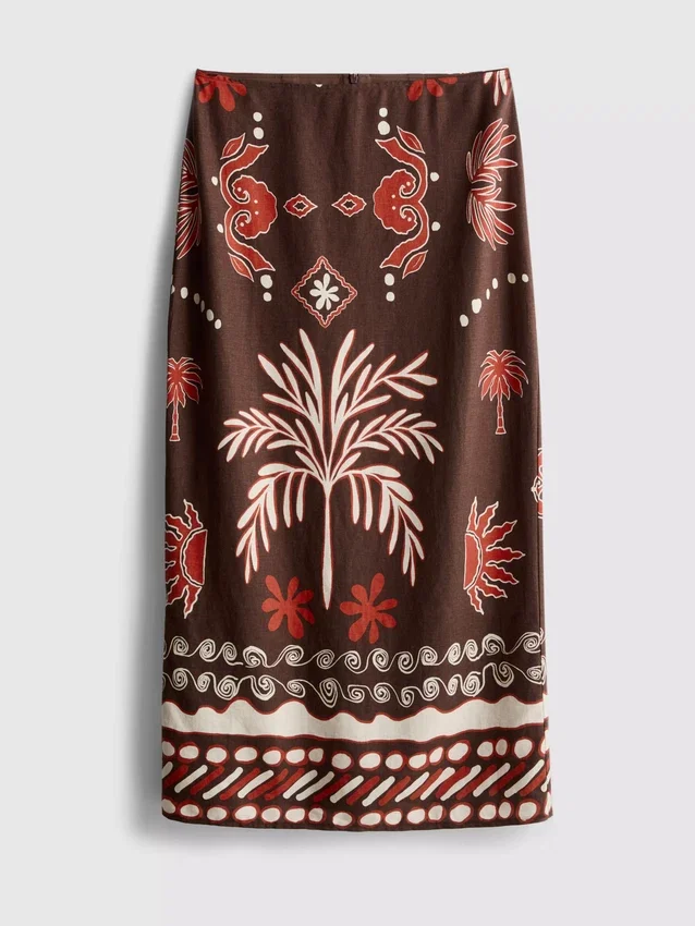 A saia midi estampada em mistura de linho da The Edit
