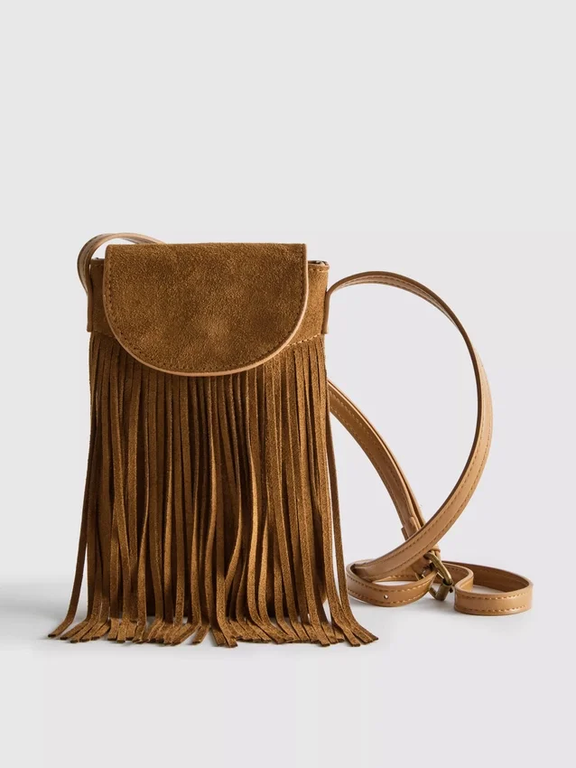 Bolsa porta-telemóvel com franjas