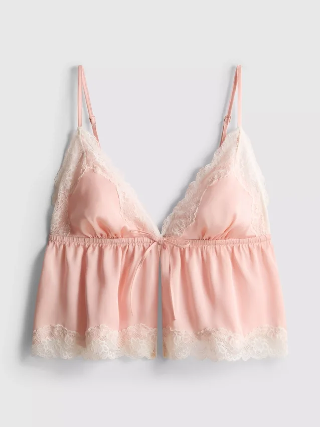 Bralette tipo babydoll de cetim e renda nupcial