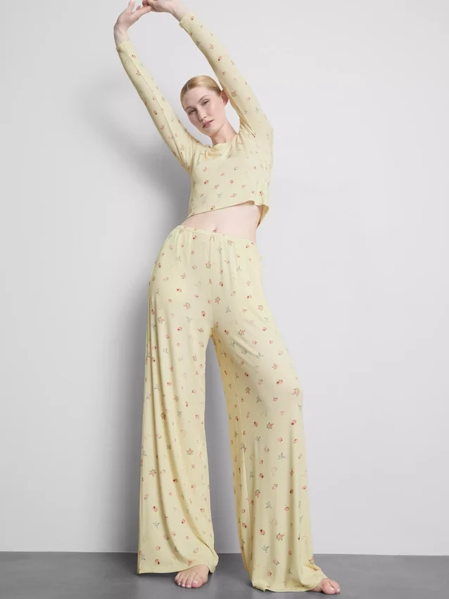 Calças de pijama florais com canelado