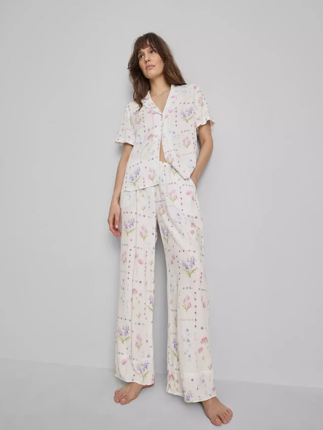 Calças de pijama florais de perna larga