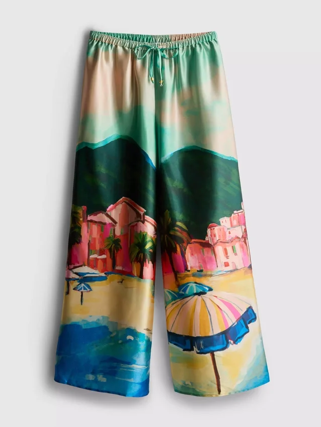 Calças de praia em cetim com estampado panorâmico