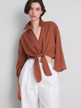 Camisa curta de algodão com laço à frente