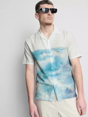 Camisa de calção de manga curta com botões e estampado panorâmico