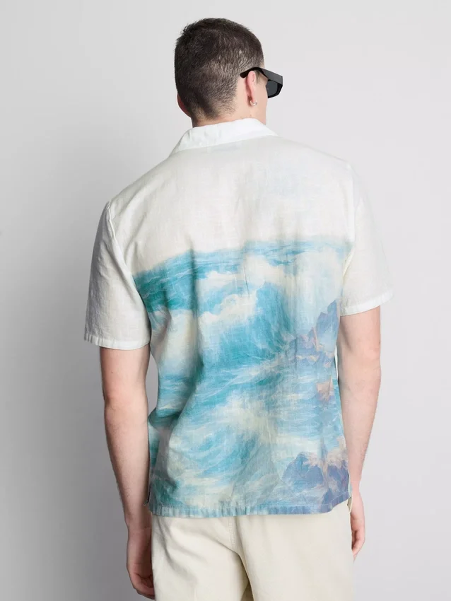 Camisa de calção de manga curta com botões e estampado panorâmico