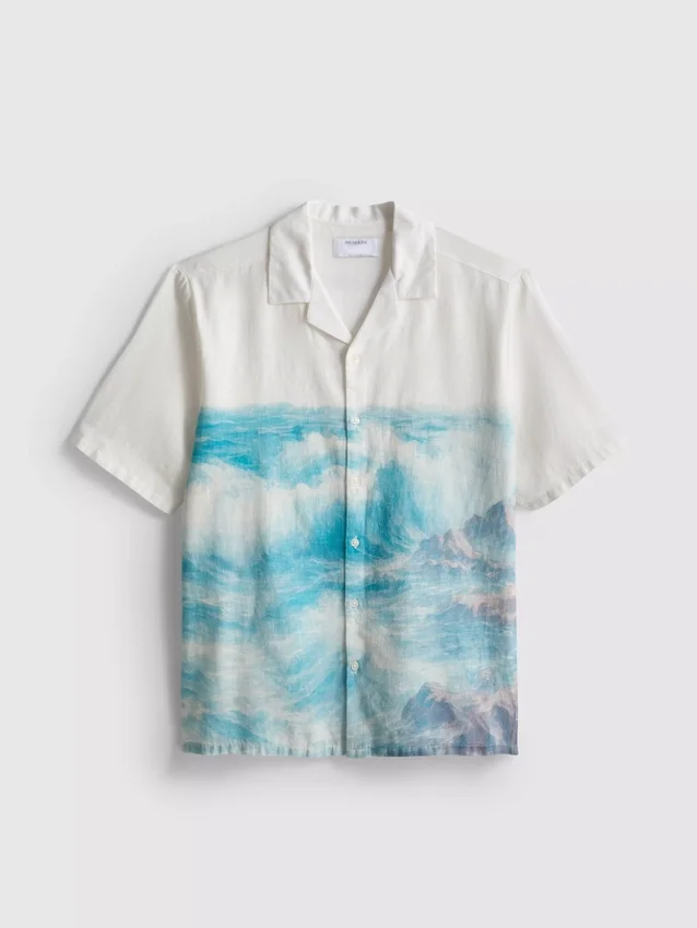 Camisa de calção de manga curta com botões e estampado panorâmico