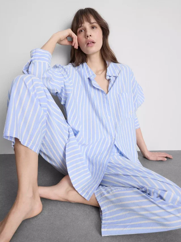 Camisa de pijama em algodão às riscas, estilo oxford