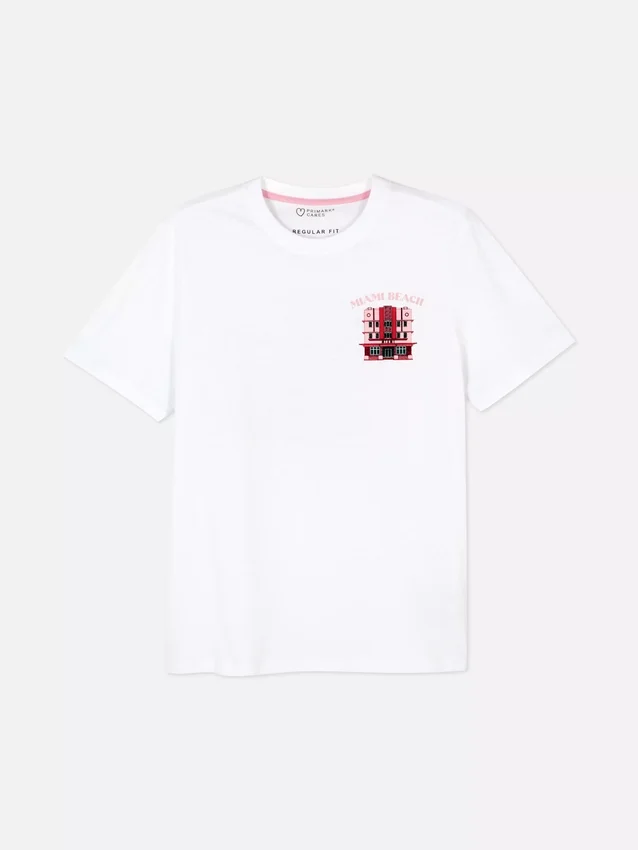 Camisas com ilustrações de casas de praia em Miami