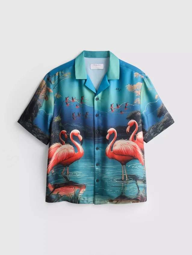 Camisas de manga curta com botões e estampadas com flamingos