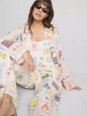 Camisas de praia de algodão estampadas com botões