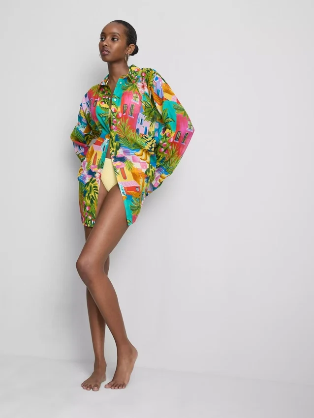 Camisas de praia de algodão estampadas com botões