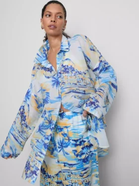 Camisas de praia de algodão estampadas com botões