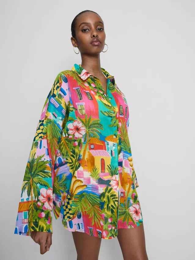 Camisas de praia de algodão estampadas com botões